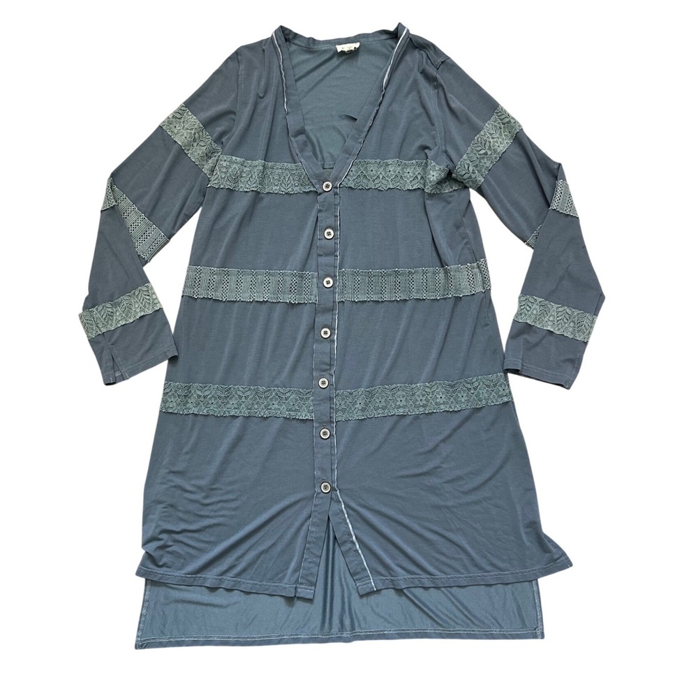 POL Blue Lace Trim Button Front Shirt Dress jersey knit S boho lagenlook coastal